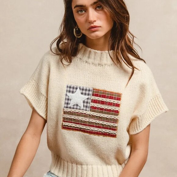 BiBi American Flag Patchwork Drop Shoulder Sweater - Picture 1 of 15